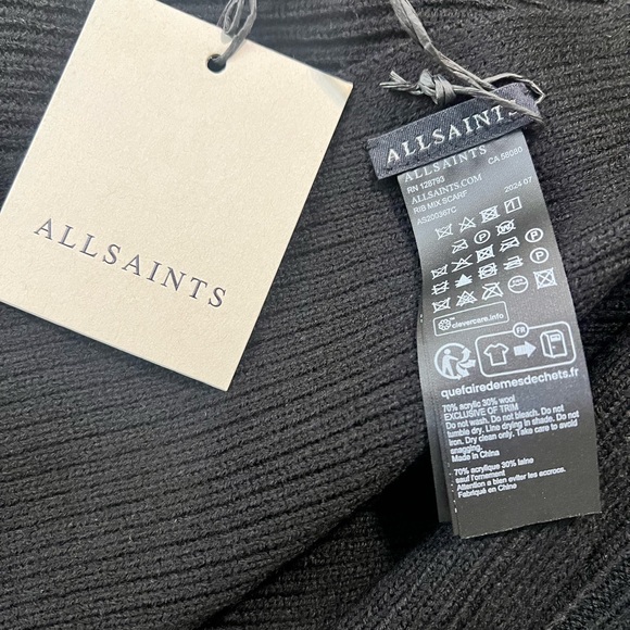 All Saints black rib mix knit scarf, wool blend NEW with tags, men women - Picture 3 of 4